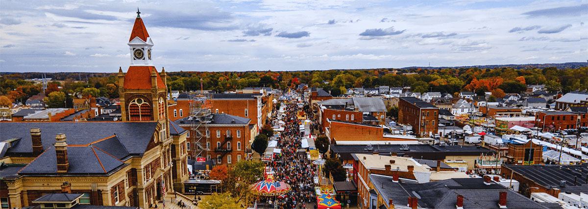 Downtown Circleville during the Pumpkin Show, with the courthouse clock tower