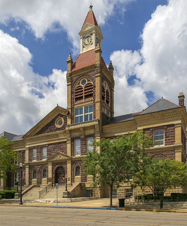 The Pickaway County Courthouse in Circleville, its clock tower rising against a blue sky