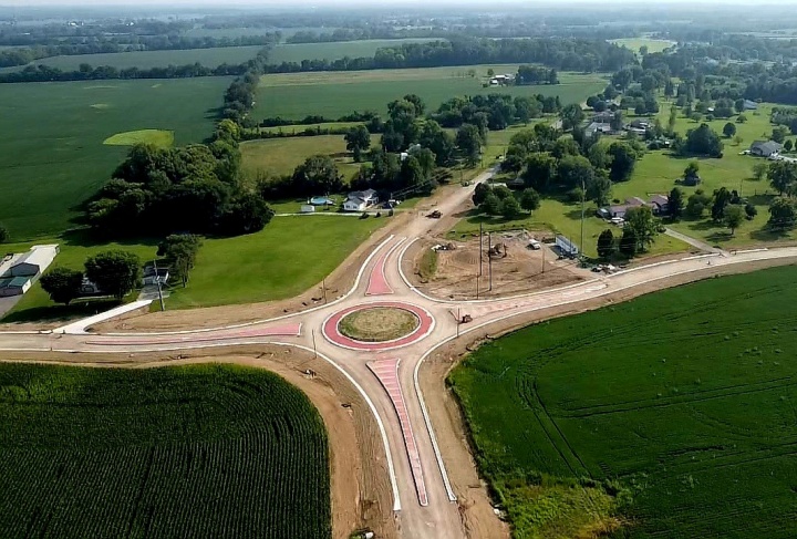Aerial view of a completed roundabout at a rural Pickaway County crossroads
